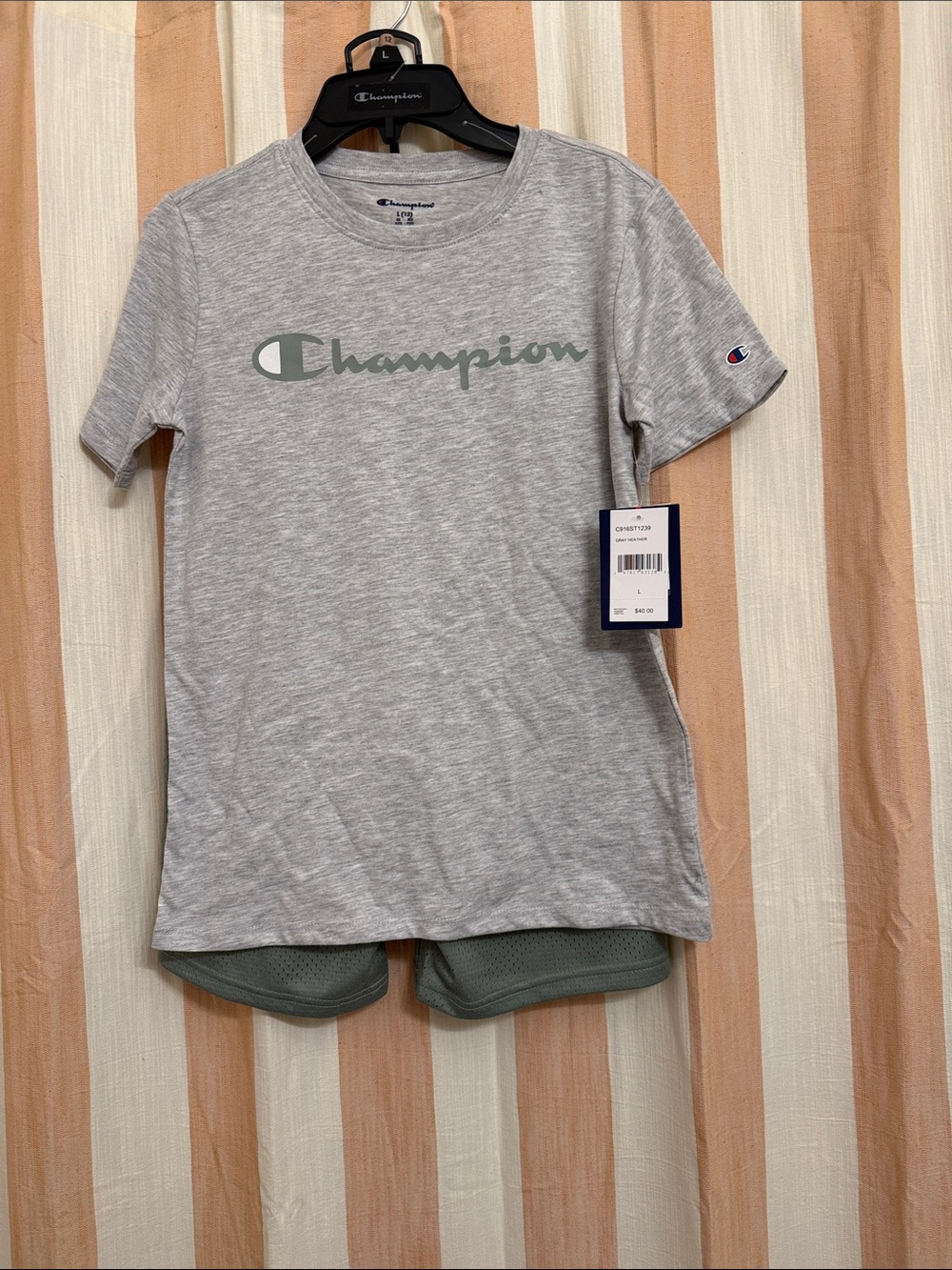 Champion Light Heather Gray Tee with Sage Logo & Matching Shorts